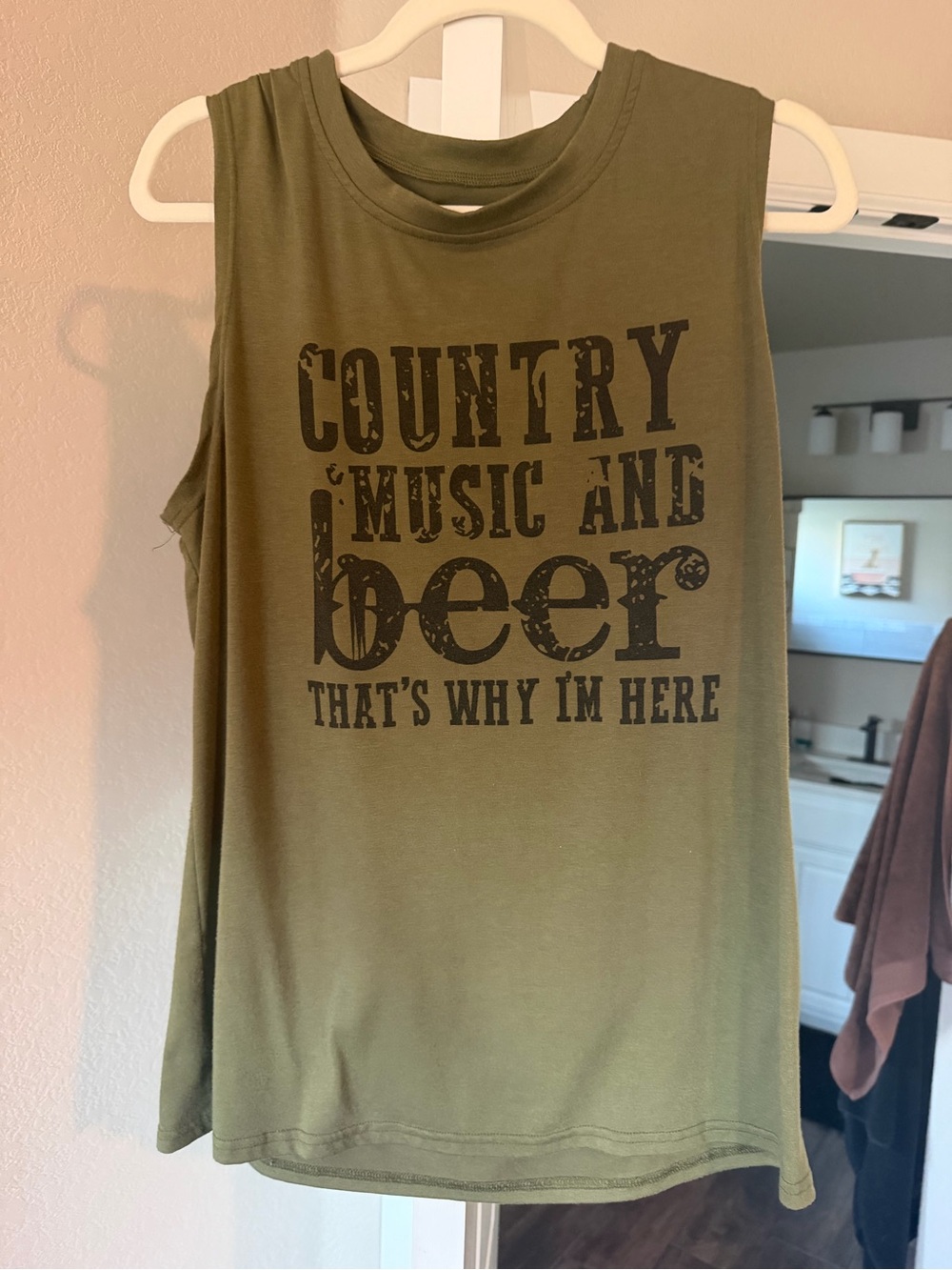 Olive Green Graphic Muscle Tank Top - Country Music and Beer